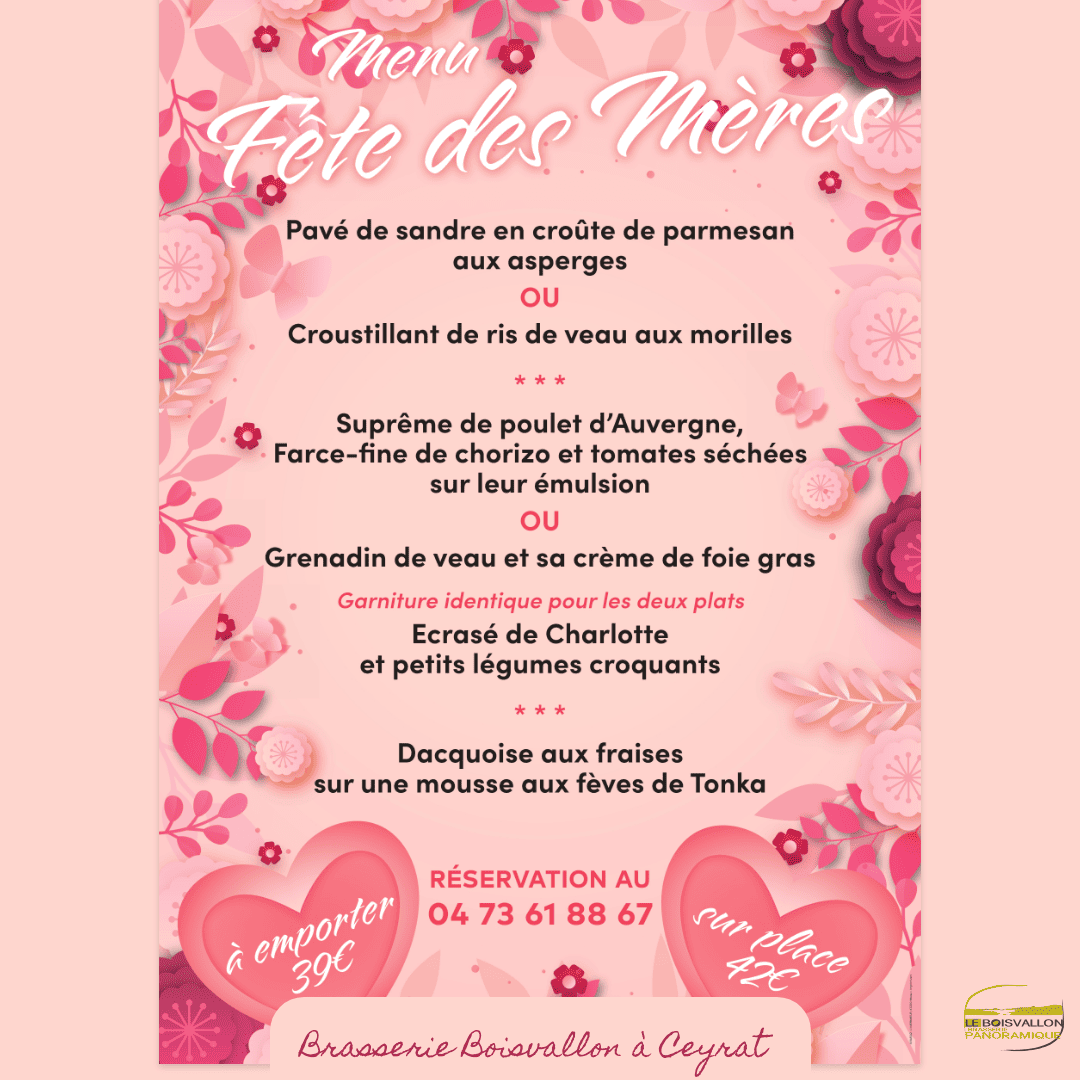 Menu fête des mères – Brasserie Boisvallon